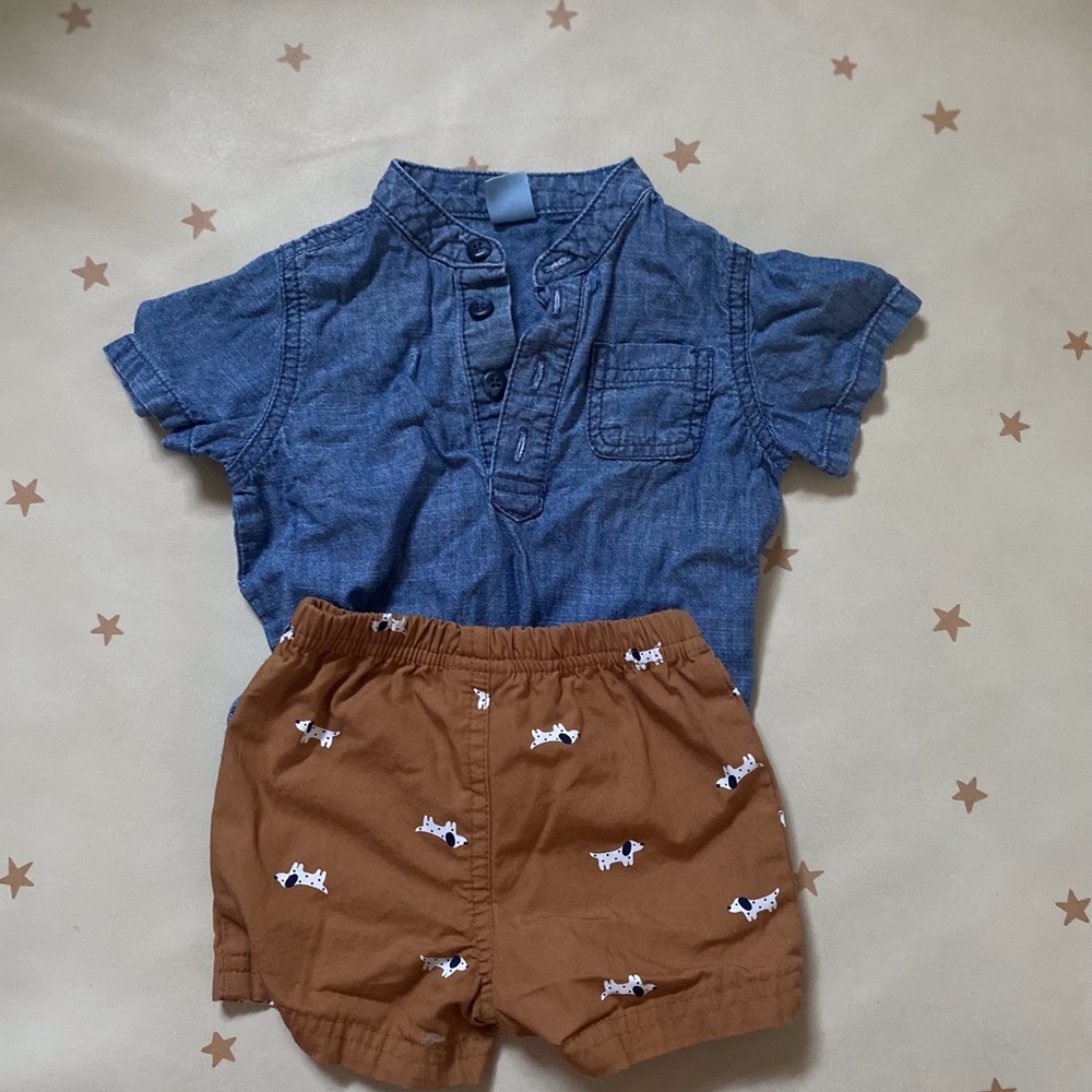 Puppy shorts and jean shirt